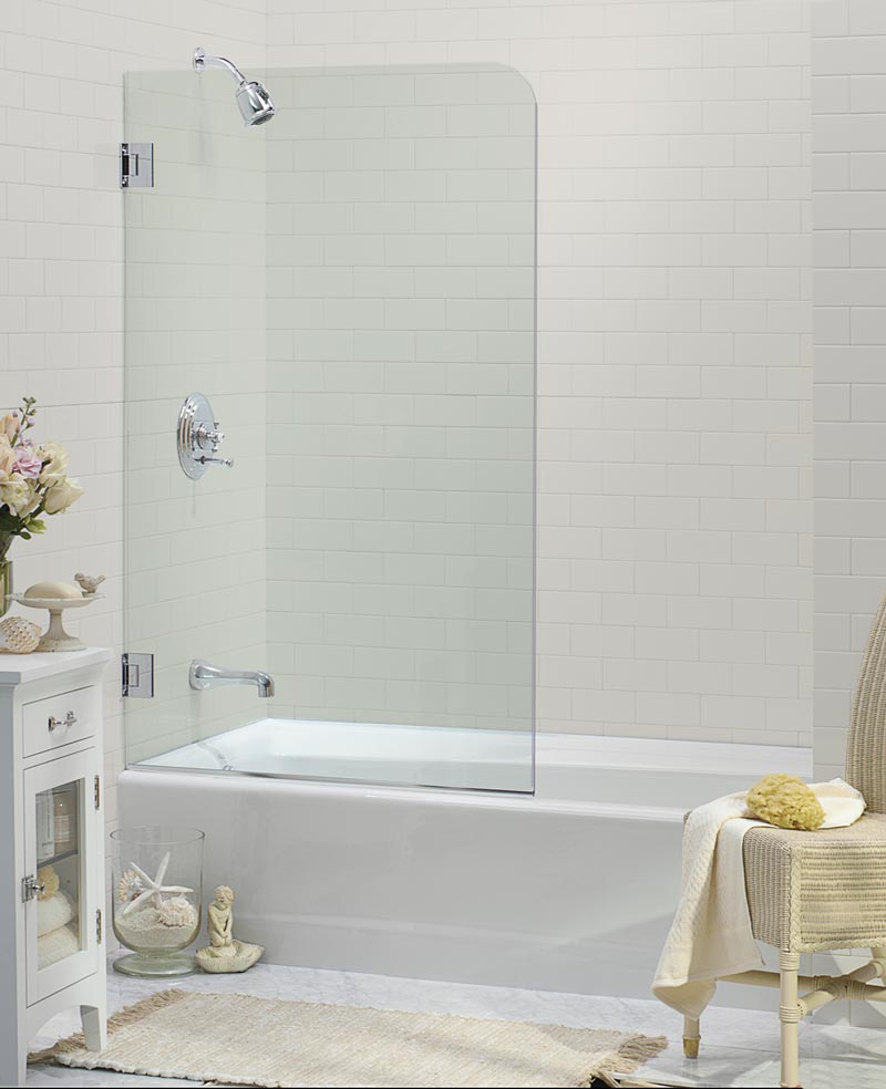 Single-hinge glass tub spray panel affixed to the wall that extends halfway across the tub.