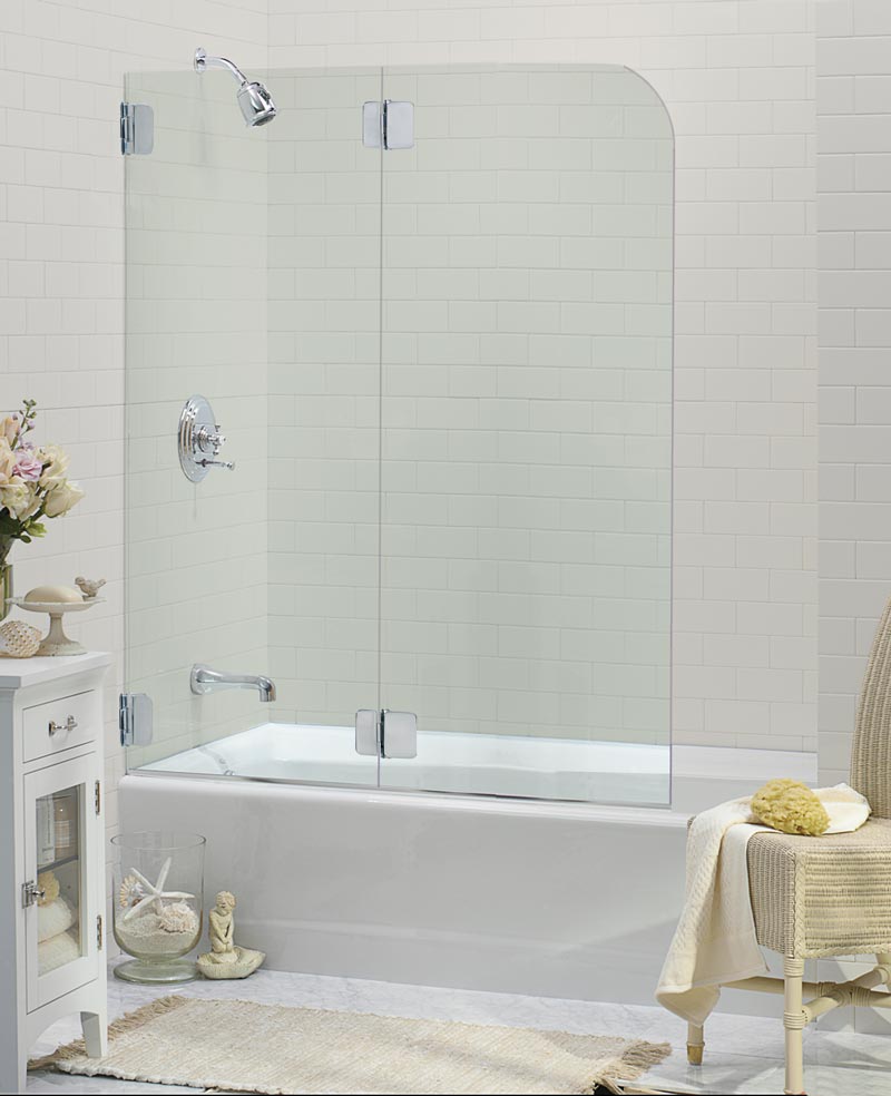 Bi-fold glass tub spray panel that has two hinged glass panels. Foldable glass extends most of the way across the tub.