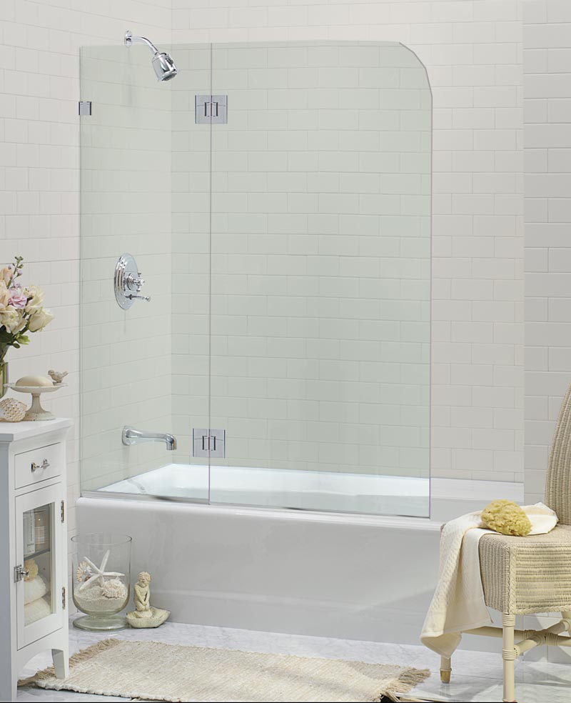Hinged-glass tub spray panel with a stationary panel affixed to the wall that extends the glass across most of the tub.