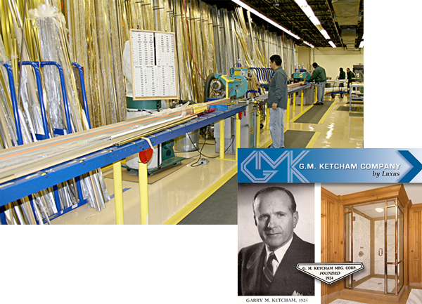 Mr. Shower Door's factory floor with a partially overlaid image of G.M Ketcham and his company's plated brass enclosures.