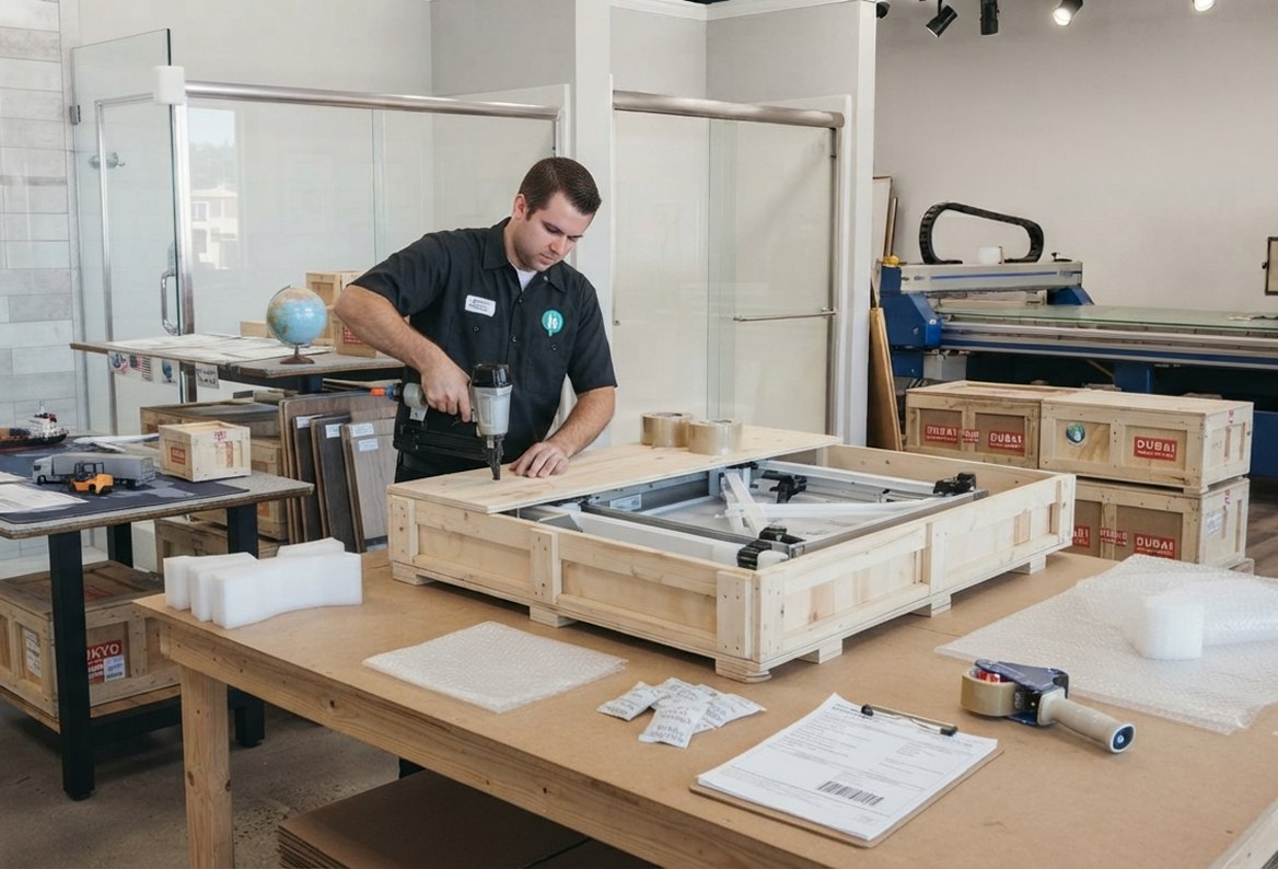 Mr. Shower Door technician crating a custom glass shower enclosure for domestic and international shipping